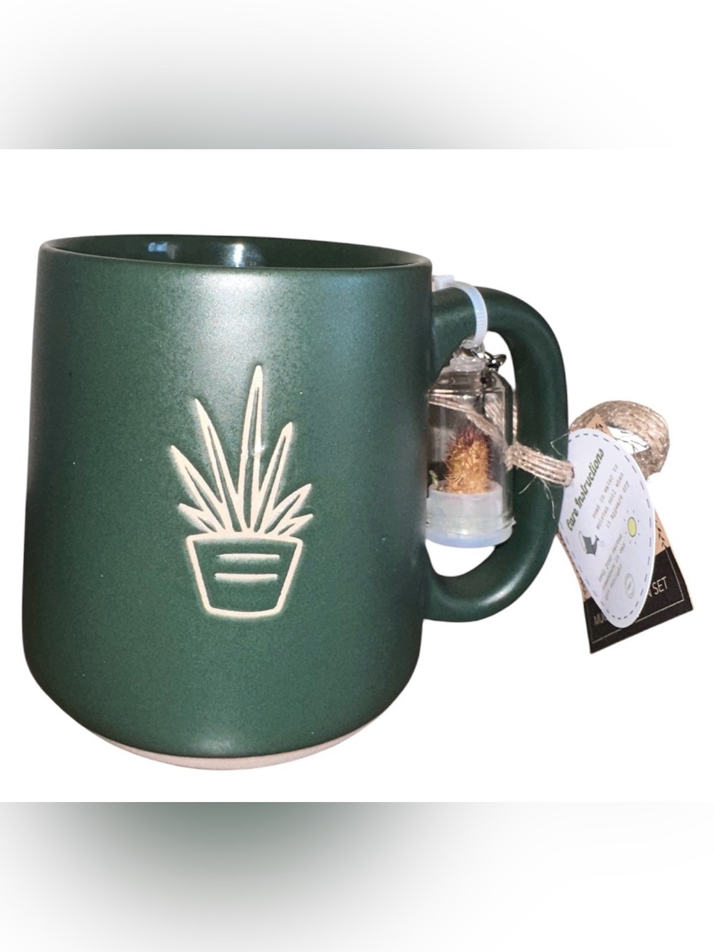 Ceramic Green Plant-Emblem Coffee Mug with Cactus Charm